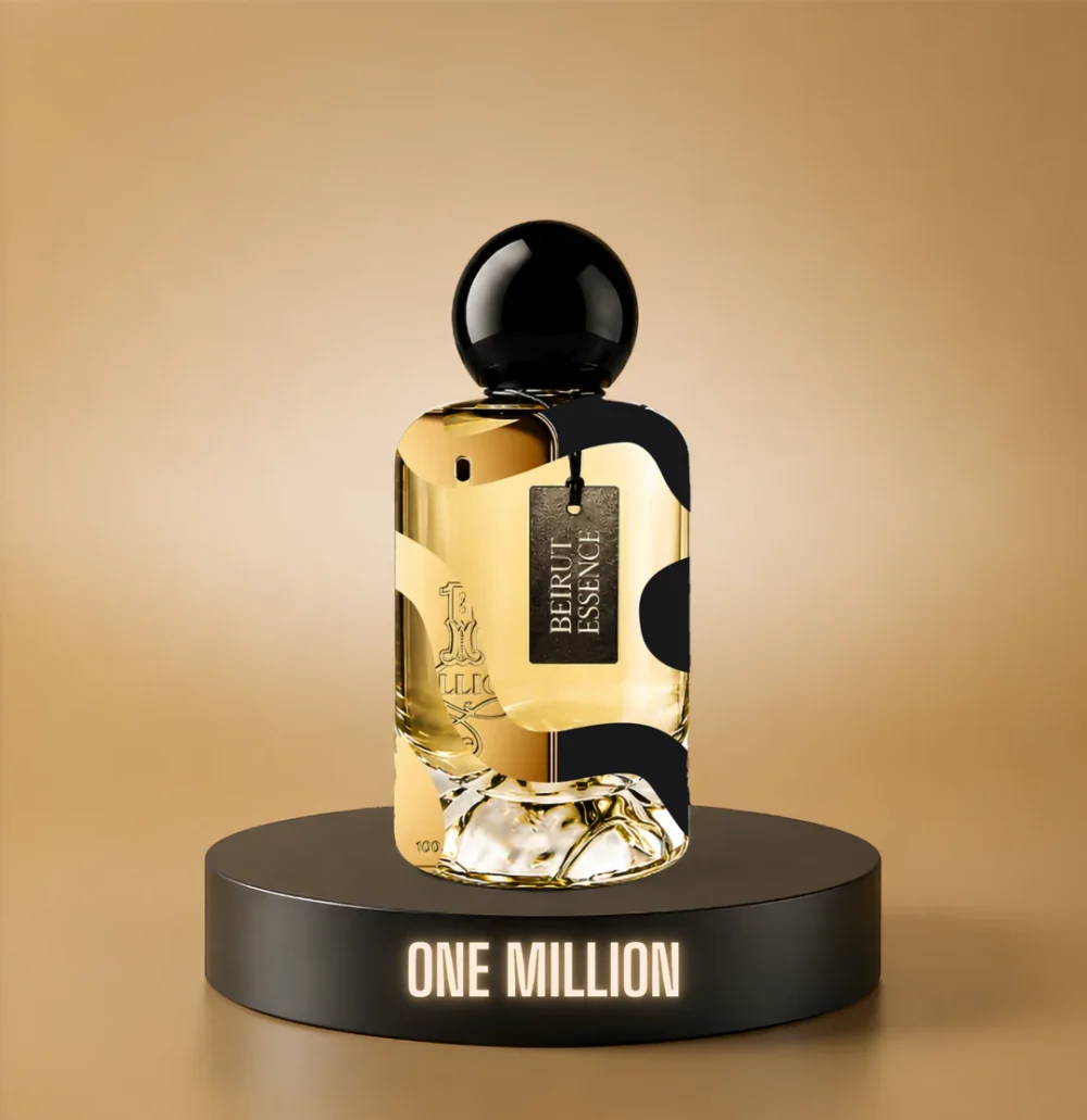 BeirutEssence fragrance inspired by 1 Million, photographed on a dark pedestal with a warm gold background