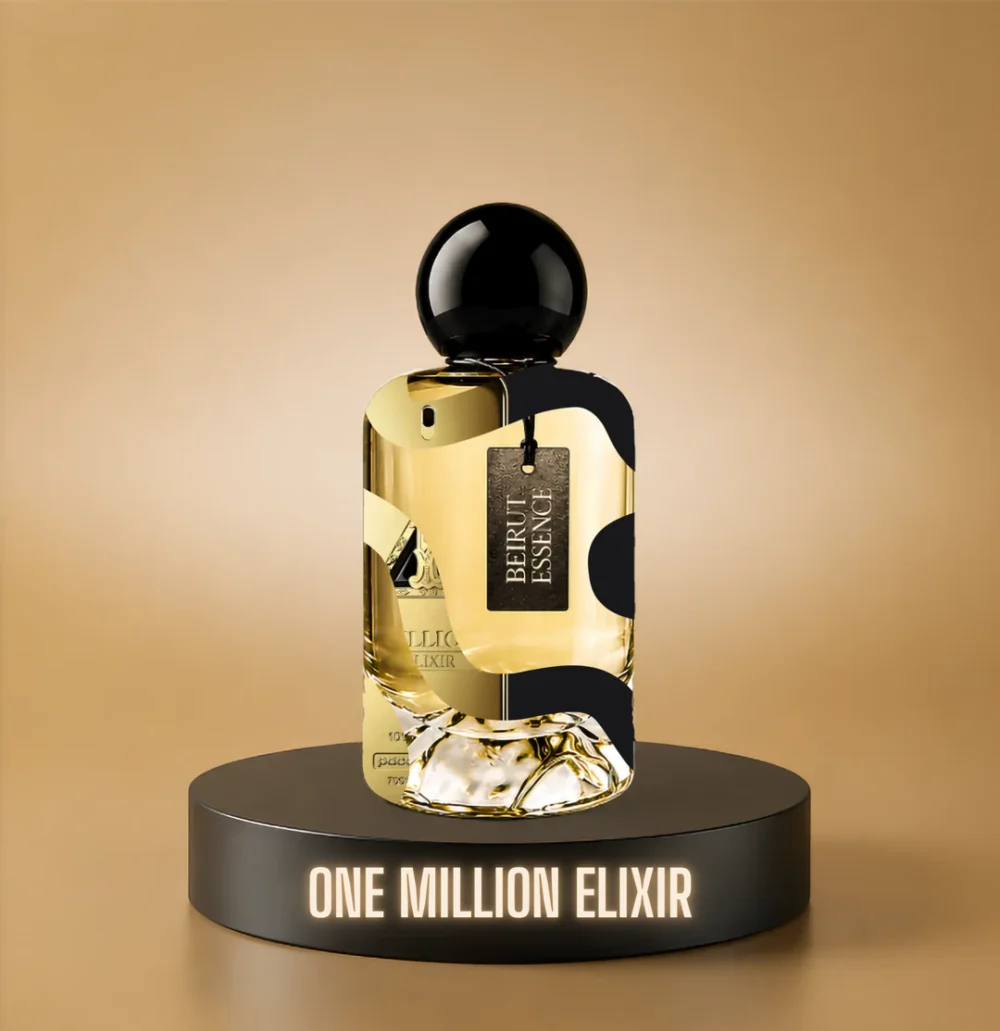BeirutEssence fragrance inspired by 1 Million Elixir, photographed on a dark pedestal with a warm gold background