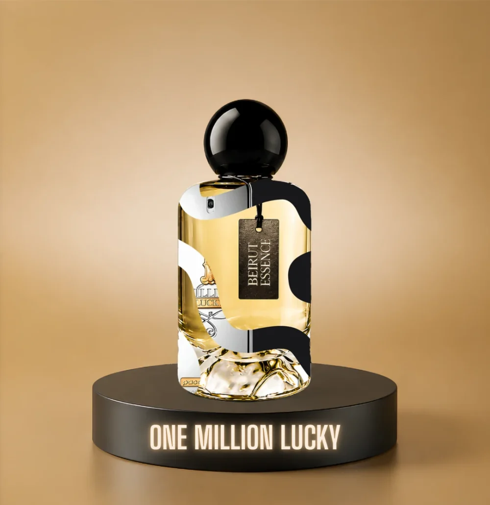 BeirutEssence fragrance inspired by 1 Million Lucky, photographed on a dark pedestal with a warm gold background