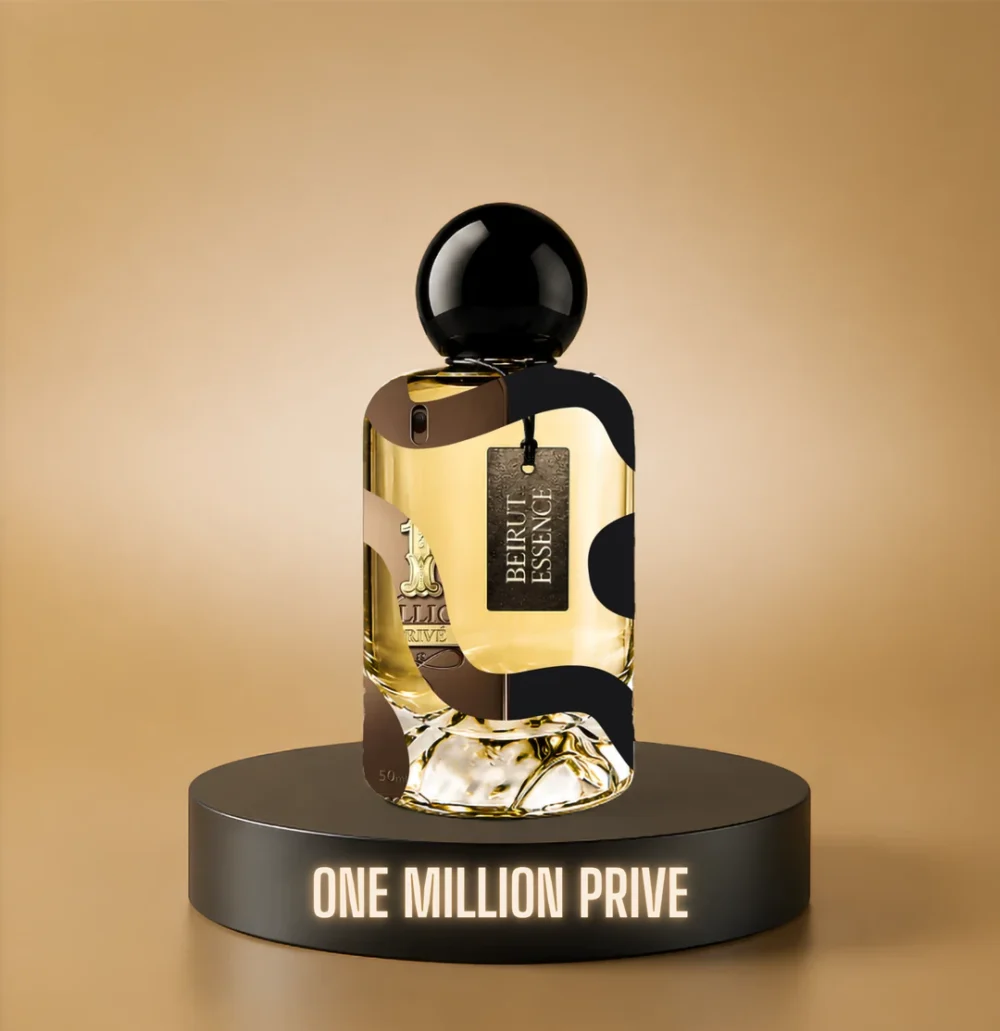 BeirutEssence fragrance inspired by 1 Million Privé, photographed on a dark pedestal with a warm gold background