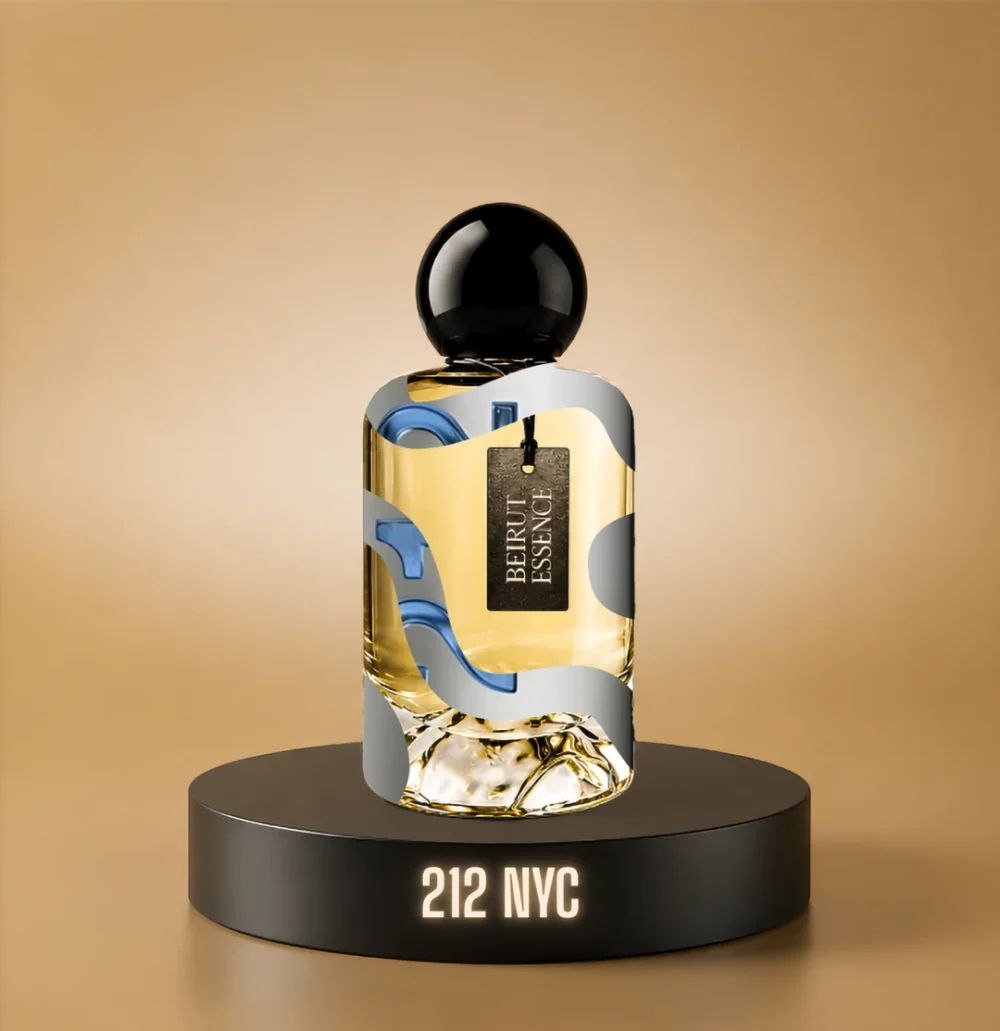 BeirutEssence fragrance inspired by 212 NYC, photographed on a dark pedestal with a warm gold background