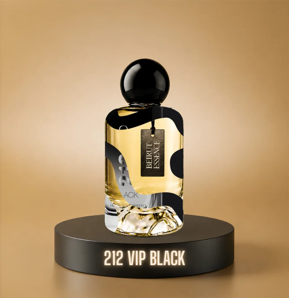 BeirutEssence fragrance inspired by 212 VIP Black, photographed on a dark pedestal with a warm gold background