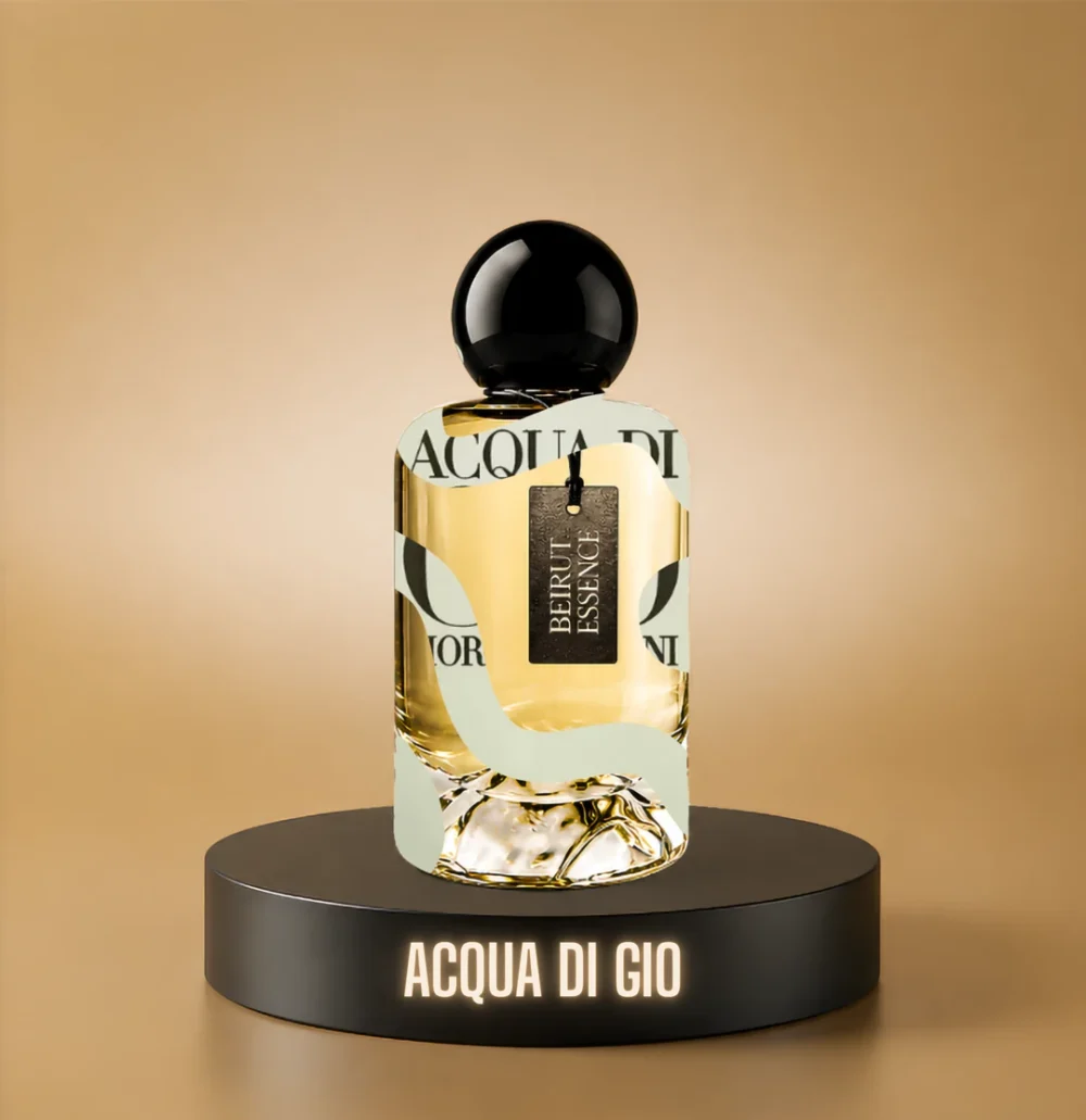 BeirutEssence fragrance inspired by Acqua di Giò, photographed on a dark pedestal with a warm gold background