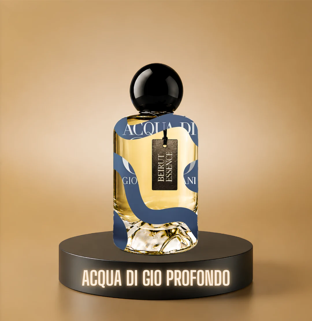 BeirutEssence fragrance inspired by Acqua di Giò Profondo, photographed on a dark pedestal with a warm gold background
