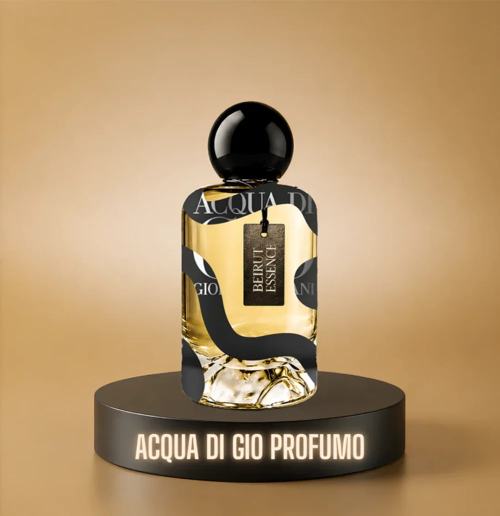 BeirutEssence fragrance inspired by Acqua di Giò Profumo, photographed on a dark pedestal with a warm gold background