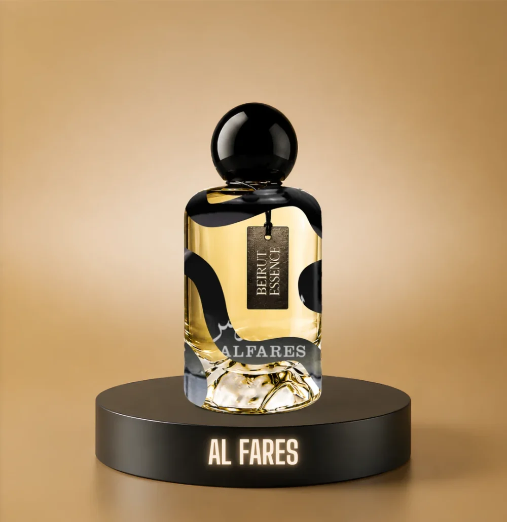 BeirutEssence fragrance inspired by Al Fares, photographed on a dark pedestal with a warm gold background
