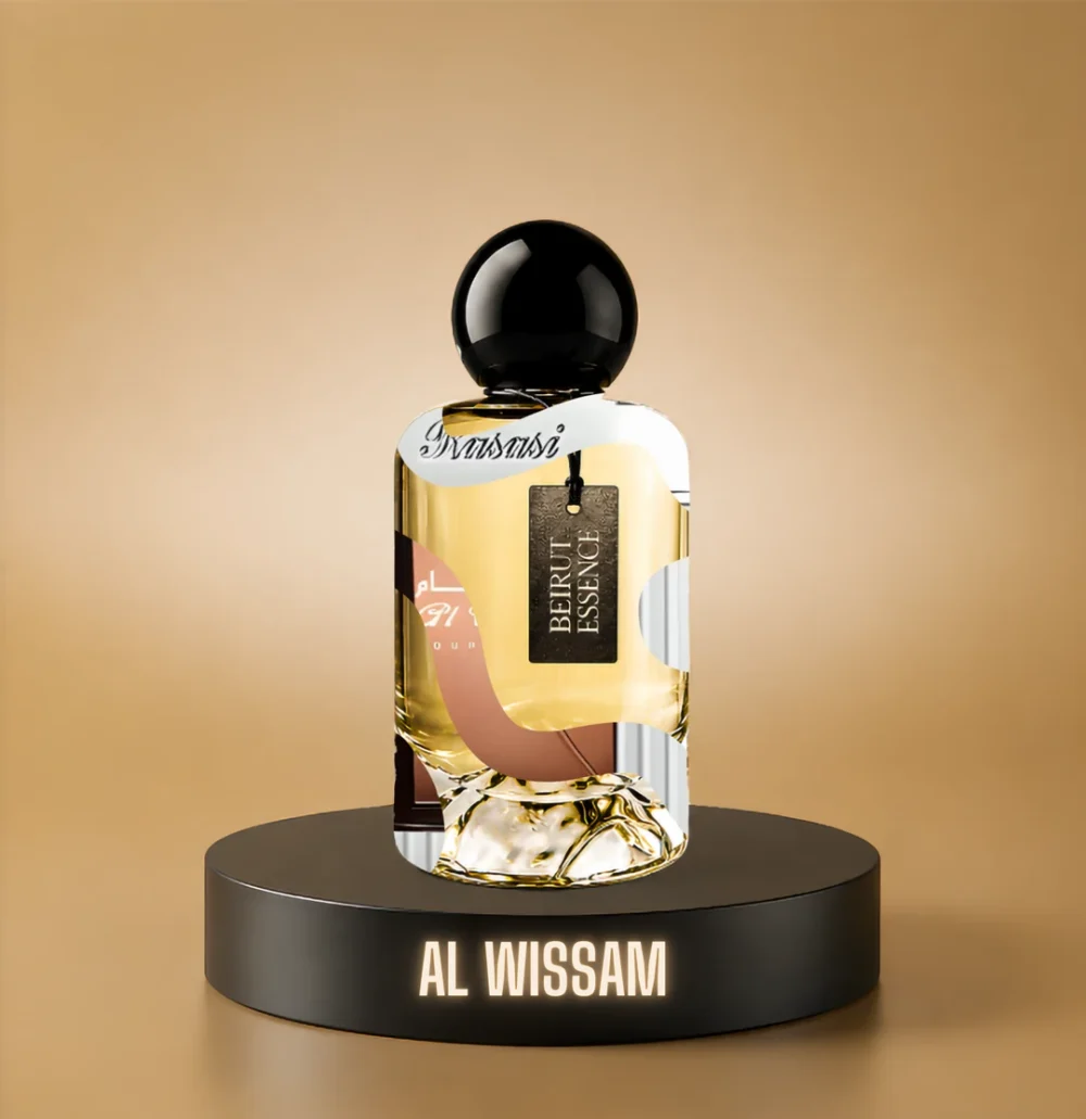 BeirutEssence fragrance inspired by Al Wissam, photographed on a dark pedestal with a warm gold background