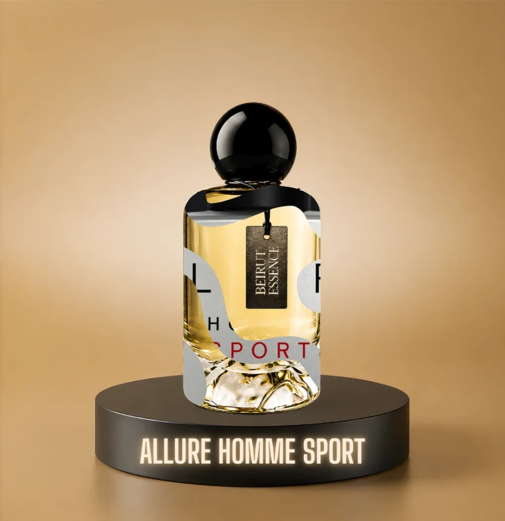 BeirutEssence fragrance inspired by Allure Homme Sport, photographed on a dark pedestal with a warm gold background