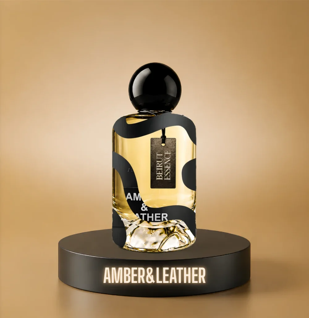 BeirutEssence fragrance inspired by Amber & Leather, photographed on a dark pedestal with a warm gold background