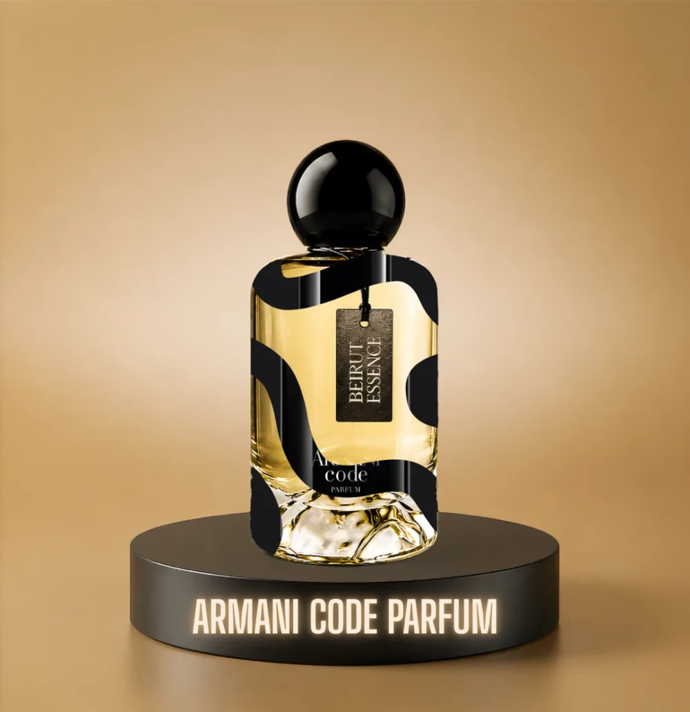 BeirutEssence fragrance inspired by Armani Code Parfum, photographed on a dark pedestal with a warm gold background
