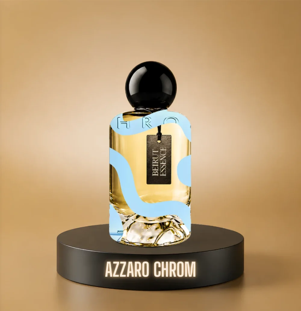 BeirutEssence fragrance inspired by Azzaro Chrome, photographed on a dark pedestal with a warm gold background