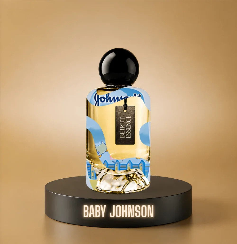 BeirutEssence fragrance inspired by Baby Johnson, photographed on a dark pedestal with a warm gold background