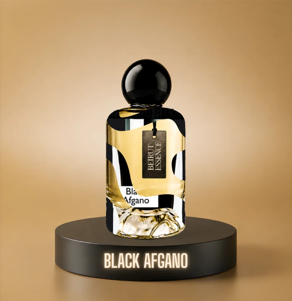 BeirutEssence fragrance inspired by Black Afgano, photographed on a dark pedestal with a warm gold background