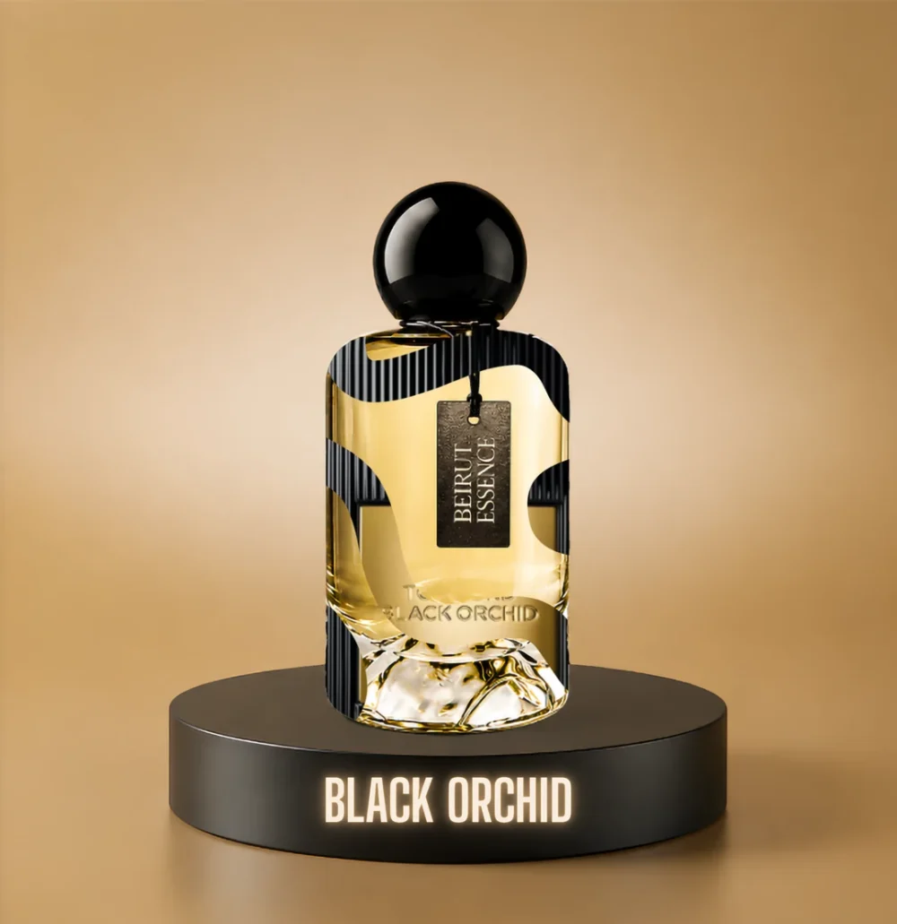 BeirutEssence fragrance inspired by Black Orchid, photographed on a dark pedestal with a warm gold background