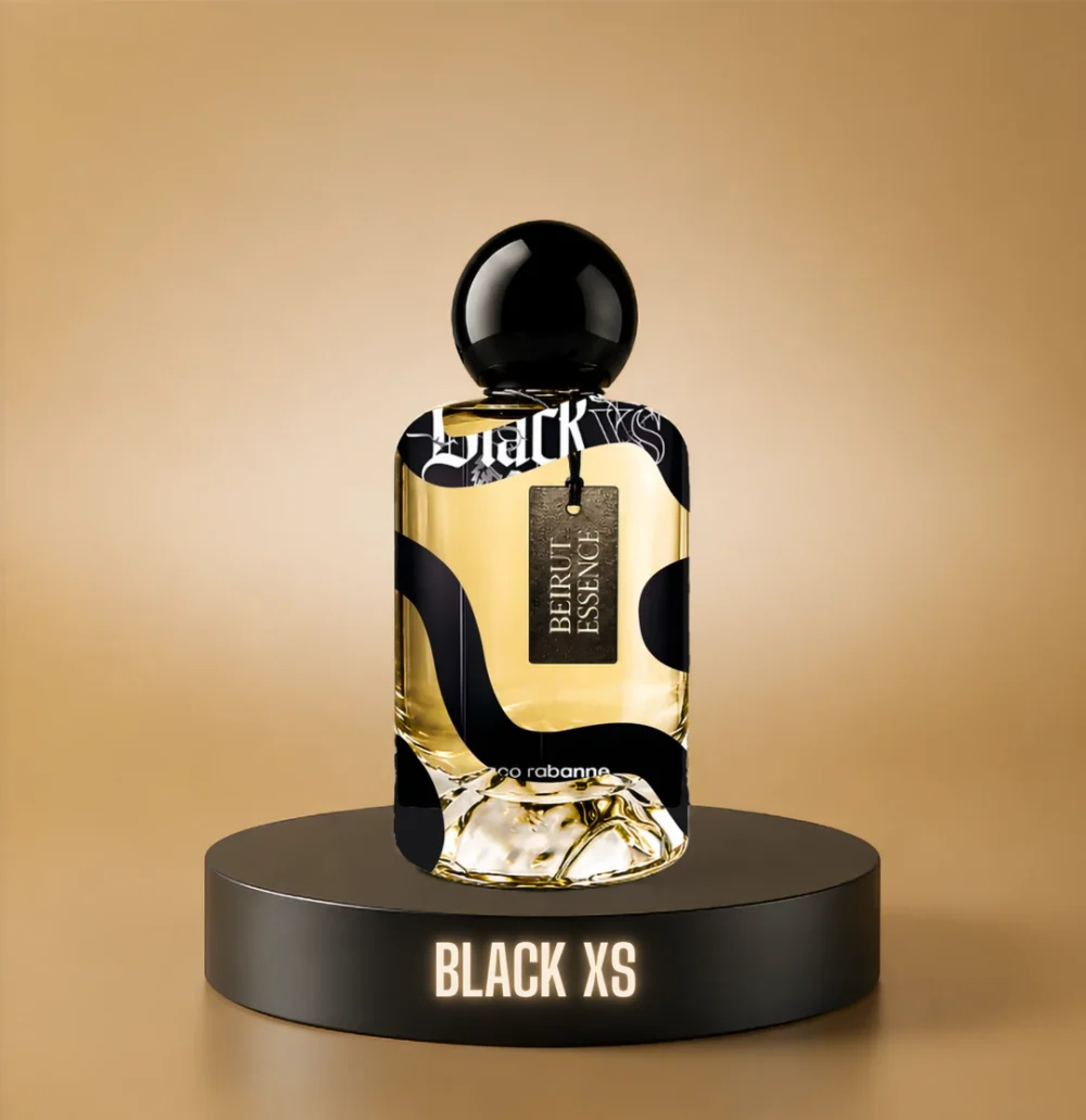 BeirutEssence fragrance inspired by Black XS, photographed on a dark pedestal with a warm gold background