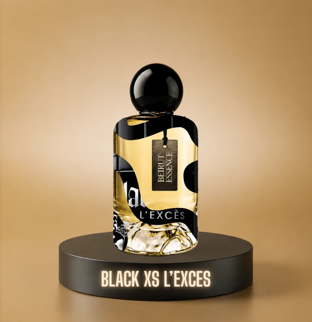 BeirutEssence fragrance inspired by Black XS L'Excès, photographed on a dark pedestal with a warm gold background