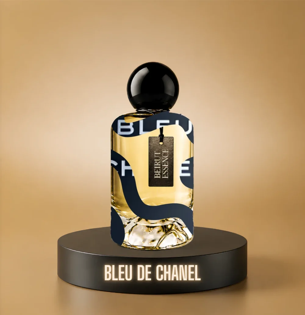BeirutEssence fragrance inspired by Bleu de Chanel, photographed on a dark pedestal with a warm gold background