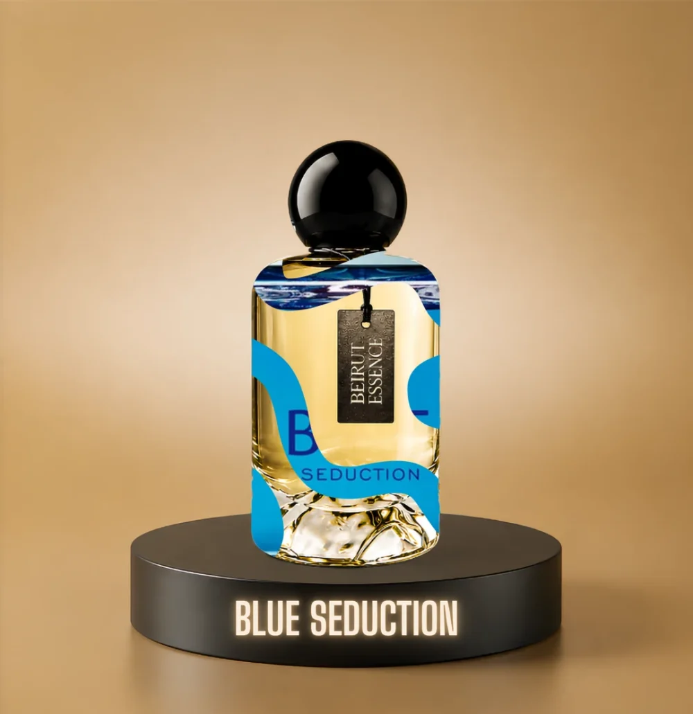 BeirutEssence fragrance inspired by Blue Seduction, photographed on a dark pedestal with a warm gold background