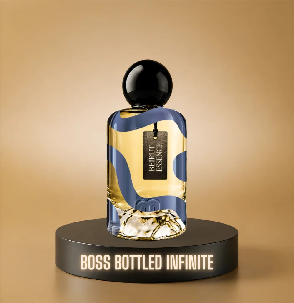 BeirutEssence fragrance inspired by Boss Bottled Infinite, photographed on a dark pedestal with a warm gold background