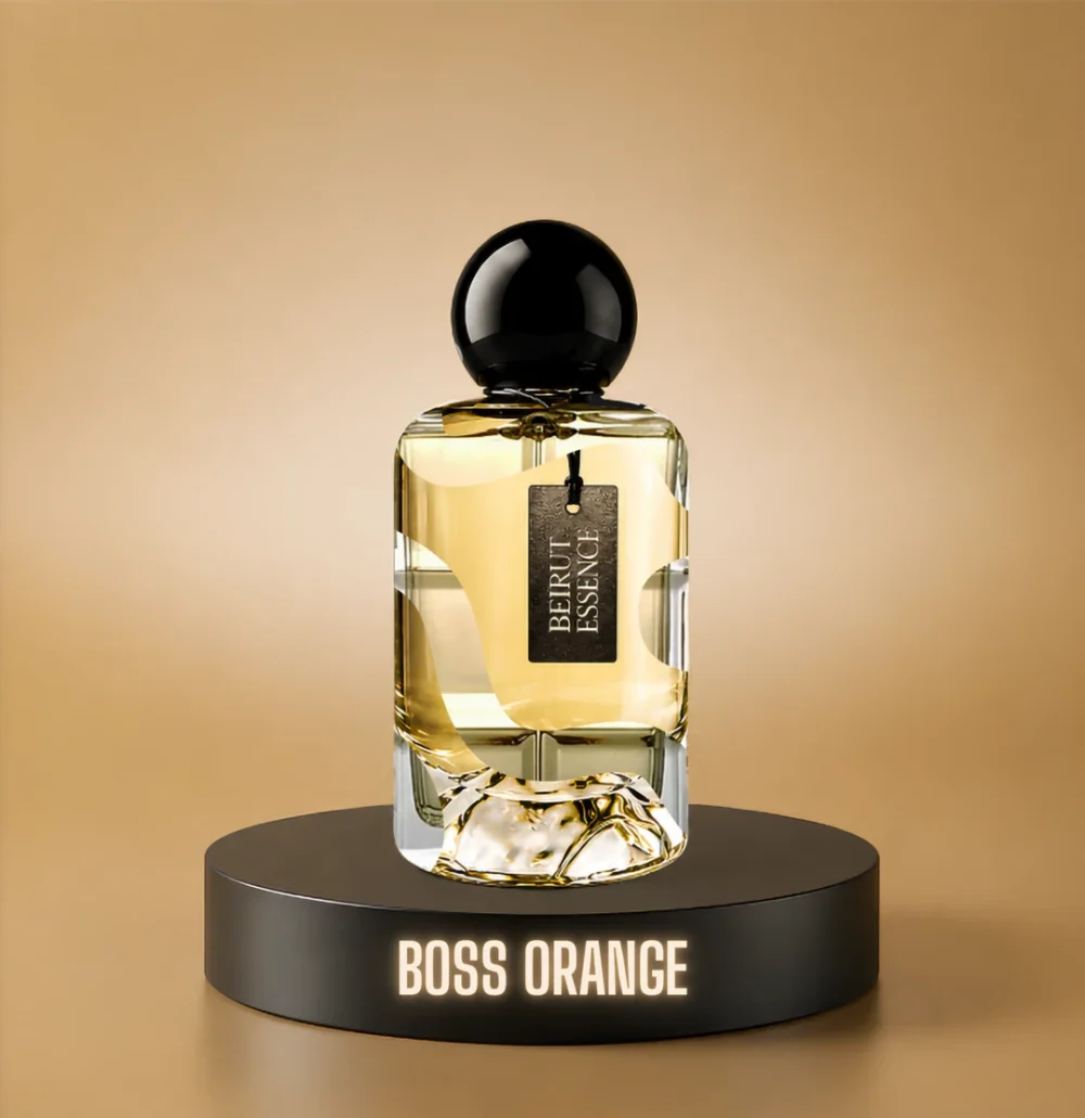 BeirutEssence fragrance inspired by Boss Orange, photographed on a dark pedestal with a warm gold background
