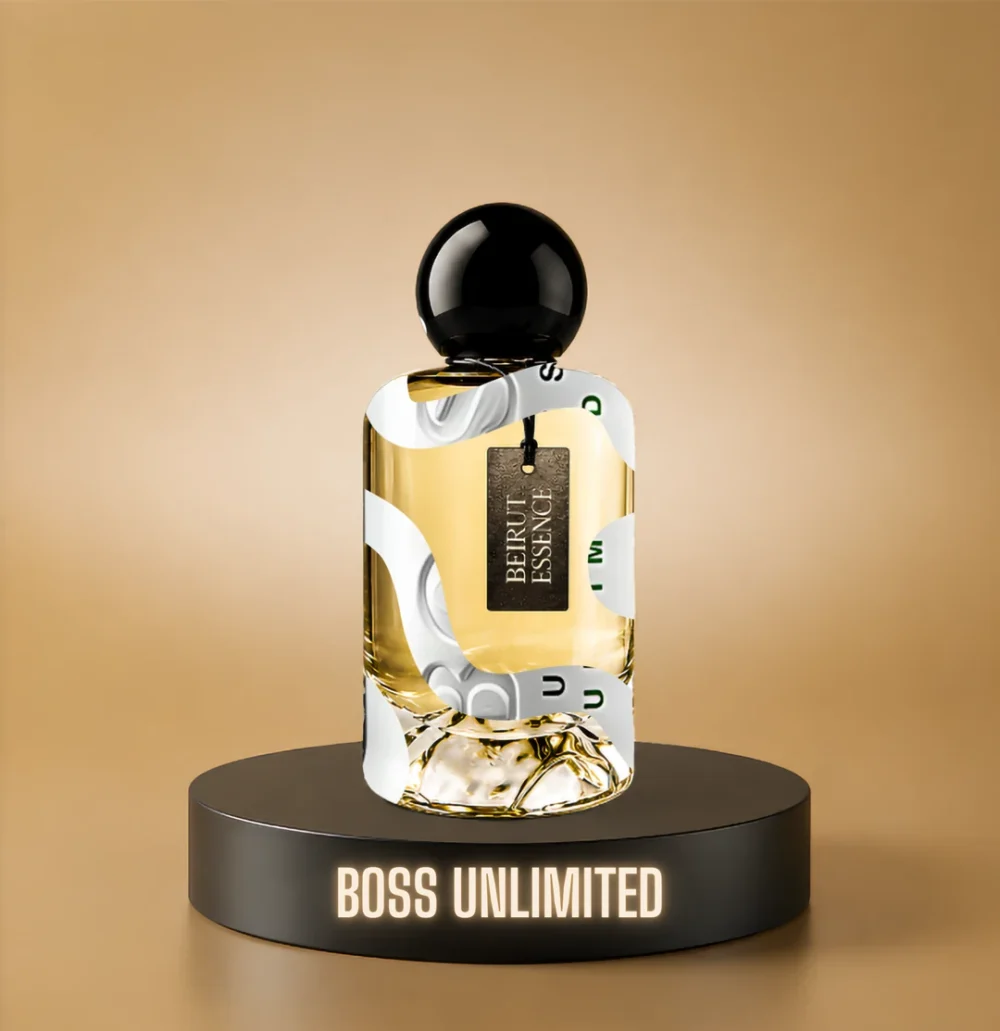 BeirutEssence fragrance inspired by Boss Unlimited, photographed on a dark pedestal with a warm gold background