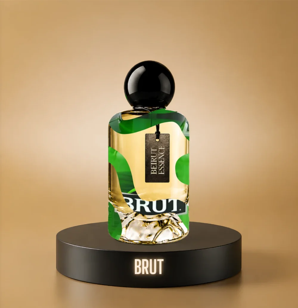 BeirutEssence fragrance inspired by Brut, photographed on a dark pedestal with a warm gold background