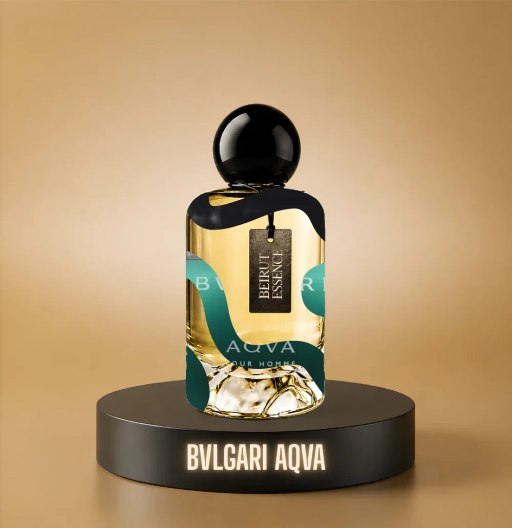 BeirutEssence fragrance inspired by Bvlgari Aqva, photographed on a dark pedestal with a warm gold background