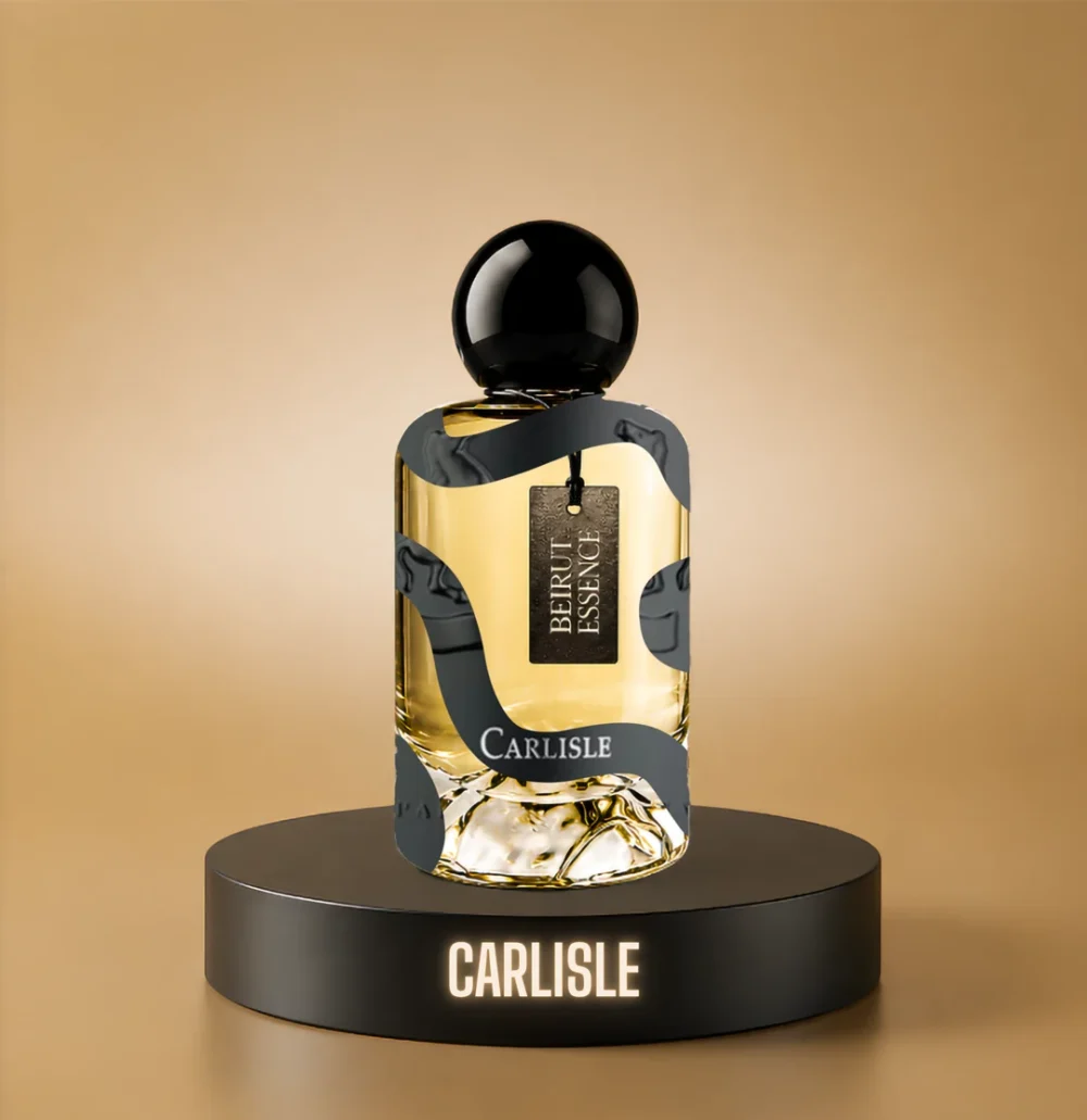 BeirutEssence fragrance inspired by Carlisle, photographed on a dark pedestal with a warm gold background