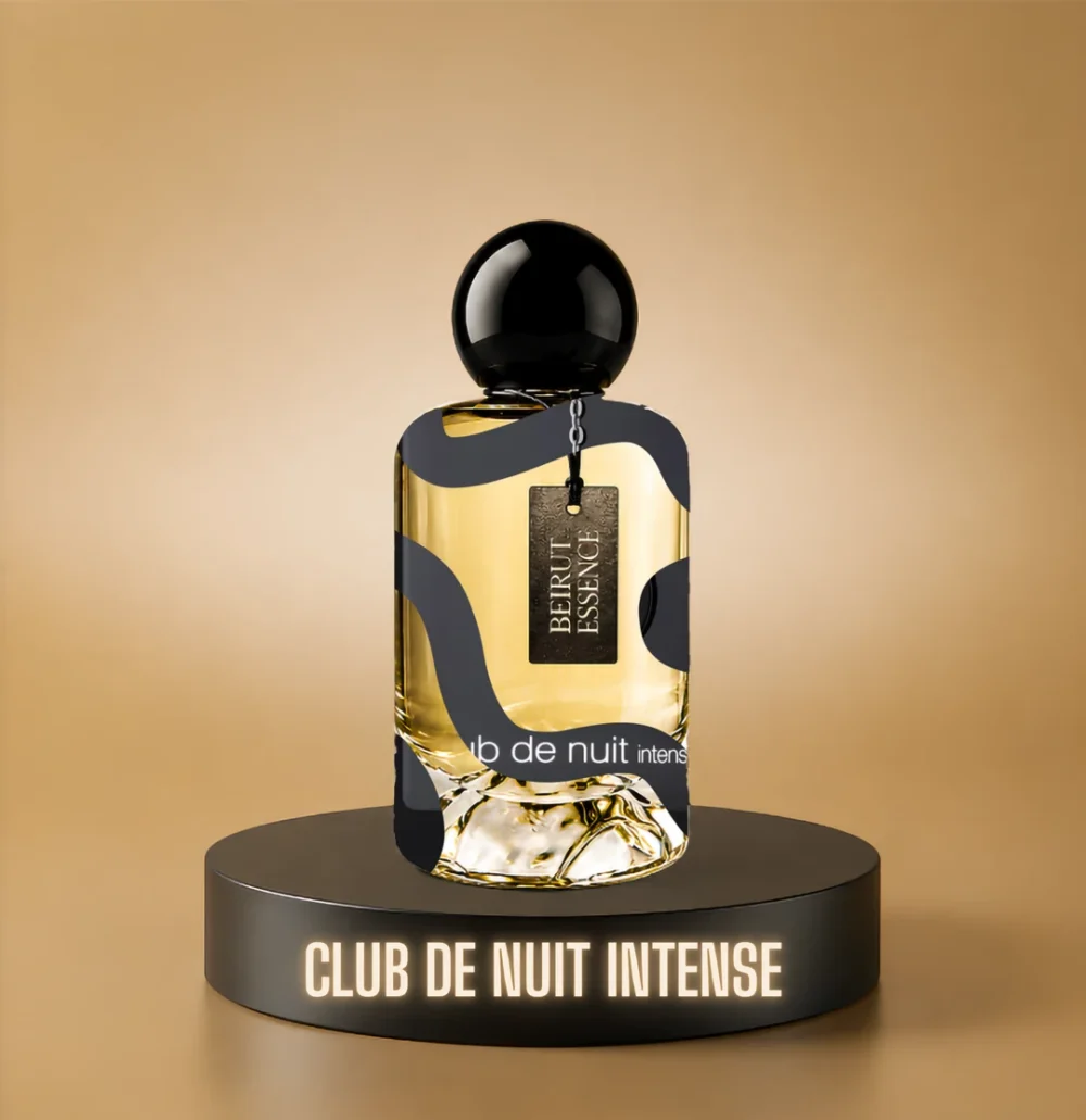 BeirutEssence fragrance inspired by Club de Nuit Intense, photographed on a dark pedestal with a warm gold background