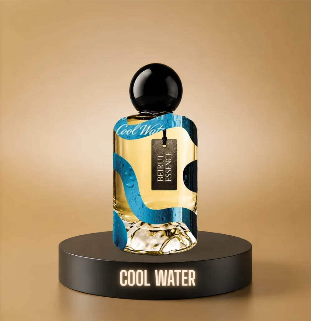 BeirutEssence fragrance inspired by Cool Water, photographed on a dark pedestal with a warm gold background