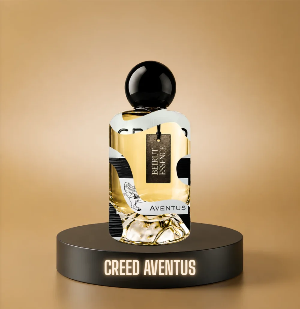 BeirutEssence fragrance inspired by Creed Aventus, photographed on a dark pedestal with a warm gold background