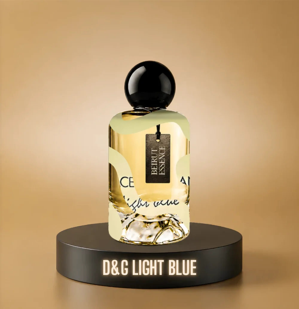BeirutEssence fragrance inspired by D&G Light Blue, photographed on a dark pedestal with a warm gold background