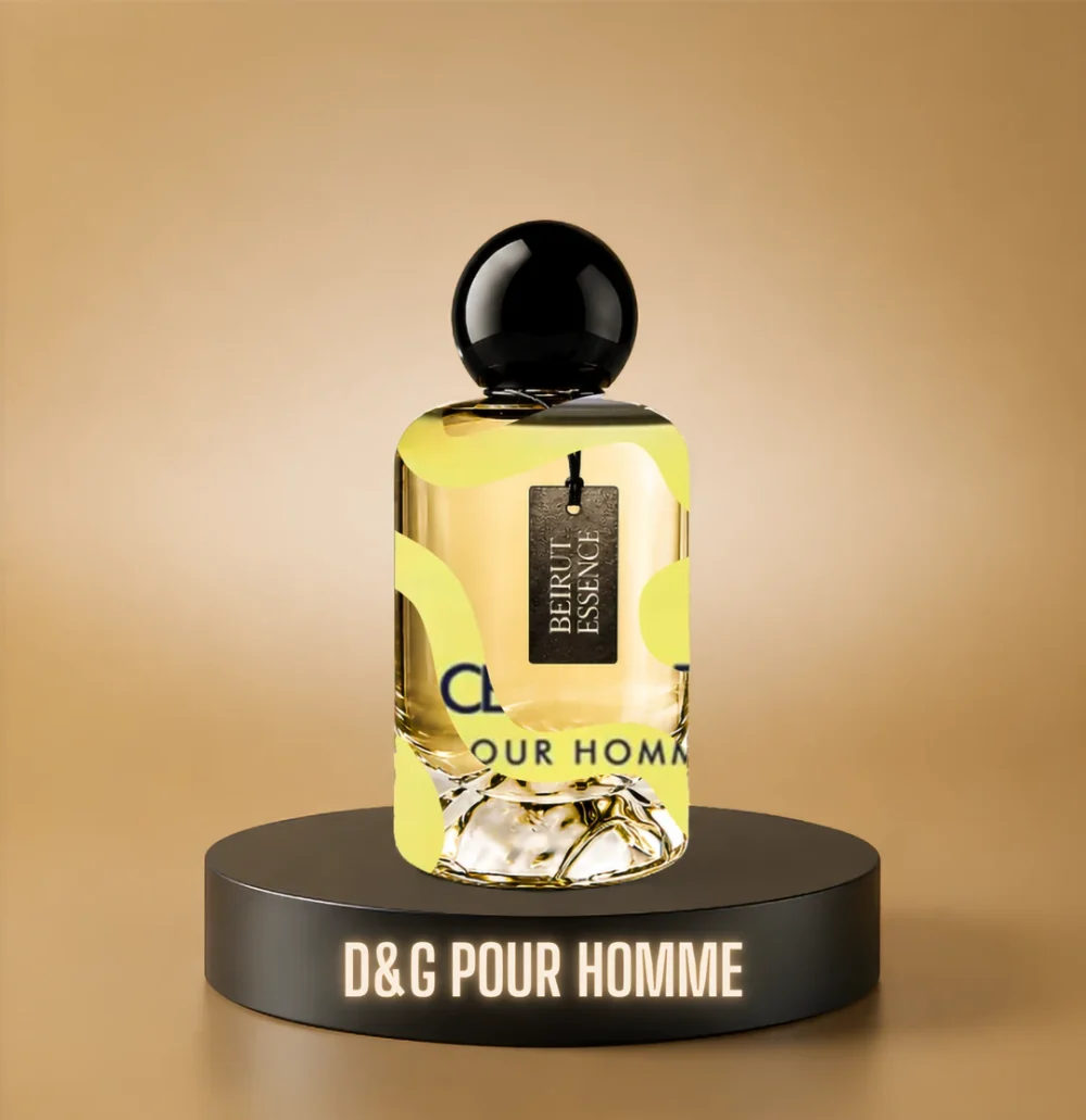 BeirutEssence fragrance inspired by D&G Pour Homme, photographed on a dark pedestal with a warm gold background