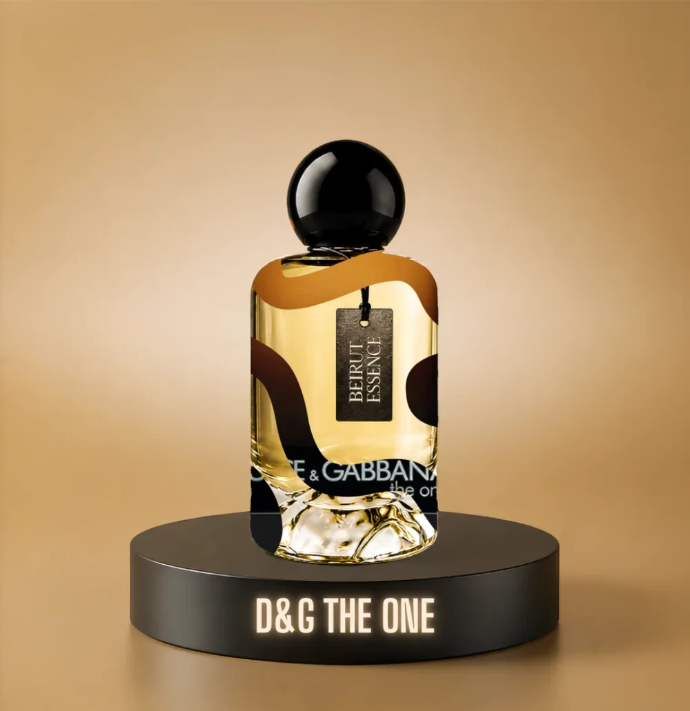 BeirutEssence fragrance inspired by D&G The One, photographed on a dark pedestal with a warm gold background