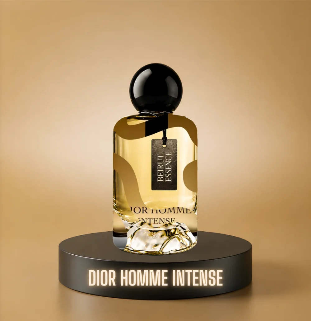 BeirutEssence fragrance inspired by Dior Homme Intense, photographed on a dark pedestal with a warm gold background