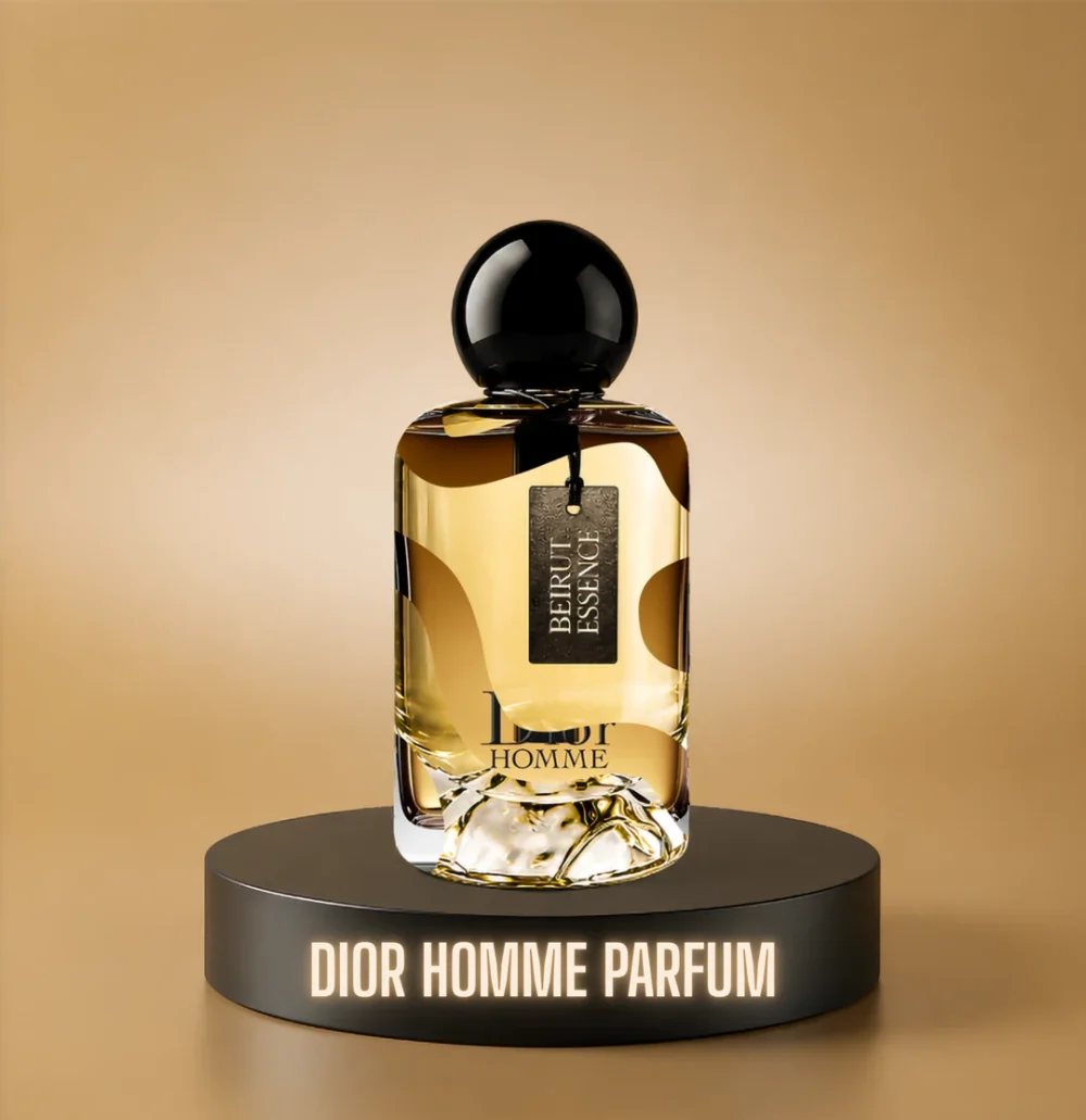 BeirutEssence fragrance inspired by Dior Homme Parfum, photographed on a dark pedestal with a warm gold background