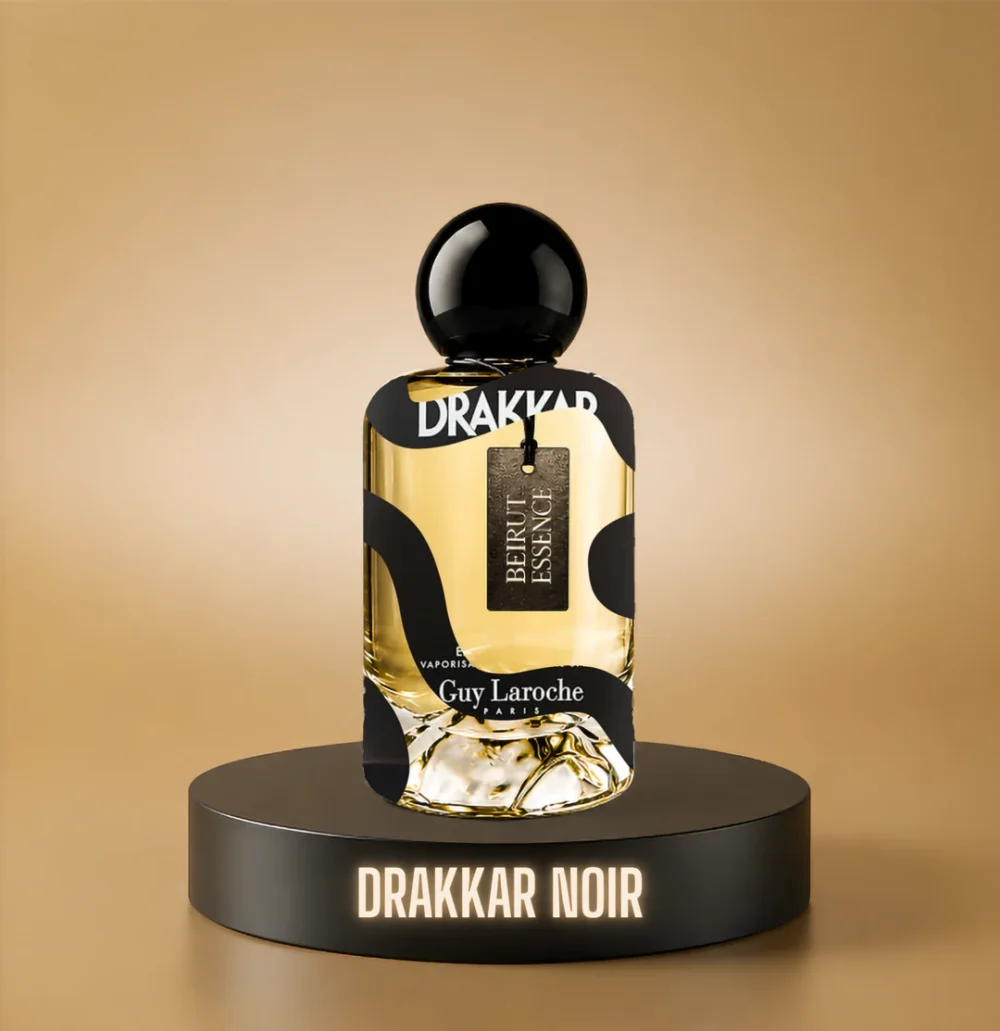 BeirutEssence fragrance inspired by Drakkar Noir, photographed on a dark pedestal with a warm gold background