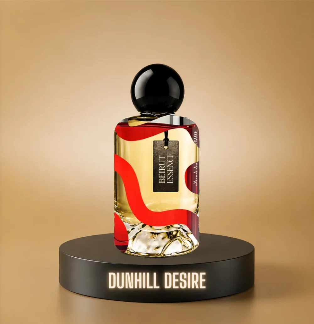 BeirutEssence fragrance inspired by Dunhill Desire, photographed on a dark pedestal with a warm gold background