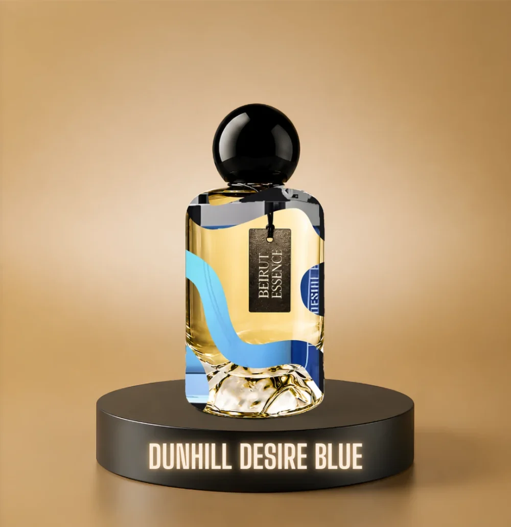 BeirutEssence fragrance inspired by Dunhill Desire Blue, photographed on a dark pedestal with a warm gold background