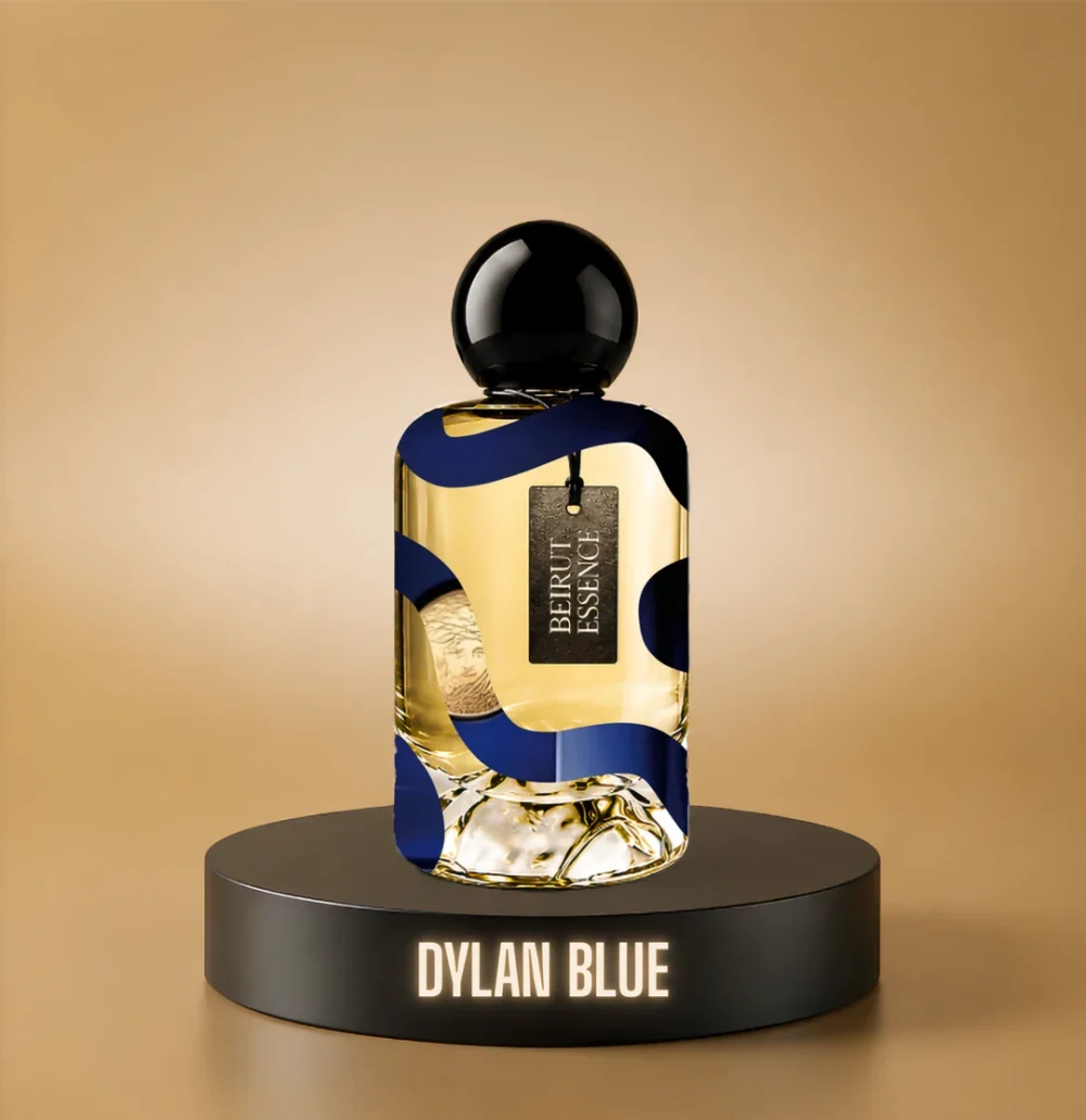 BeirutEssence fragrance inspired by Dylan Blue, photographed on a dark pedestal with a warm gold background