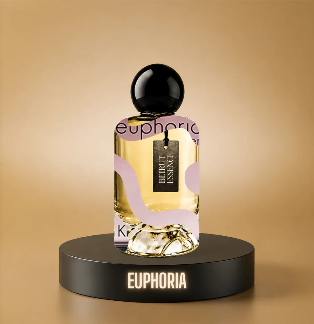 BeirutEssence fragrance inspired by Euphoria, photographed on a dark pedestal with a warm gold background