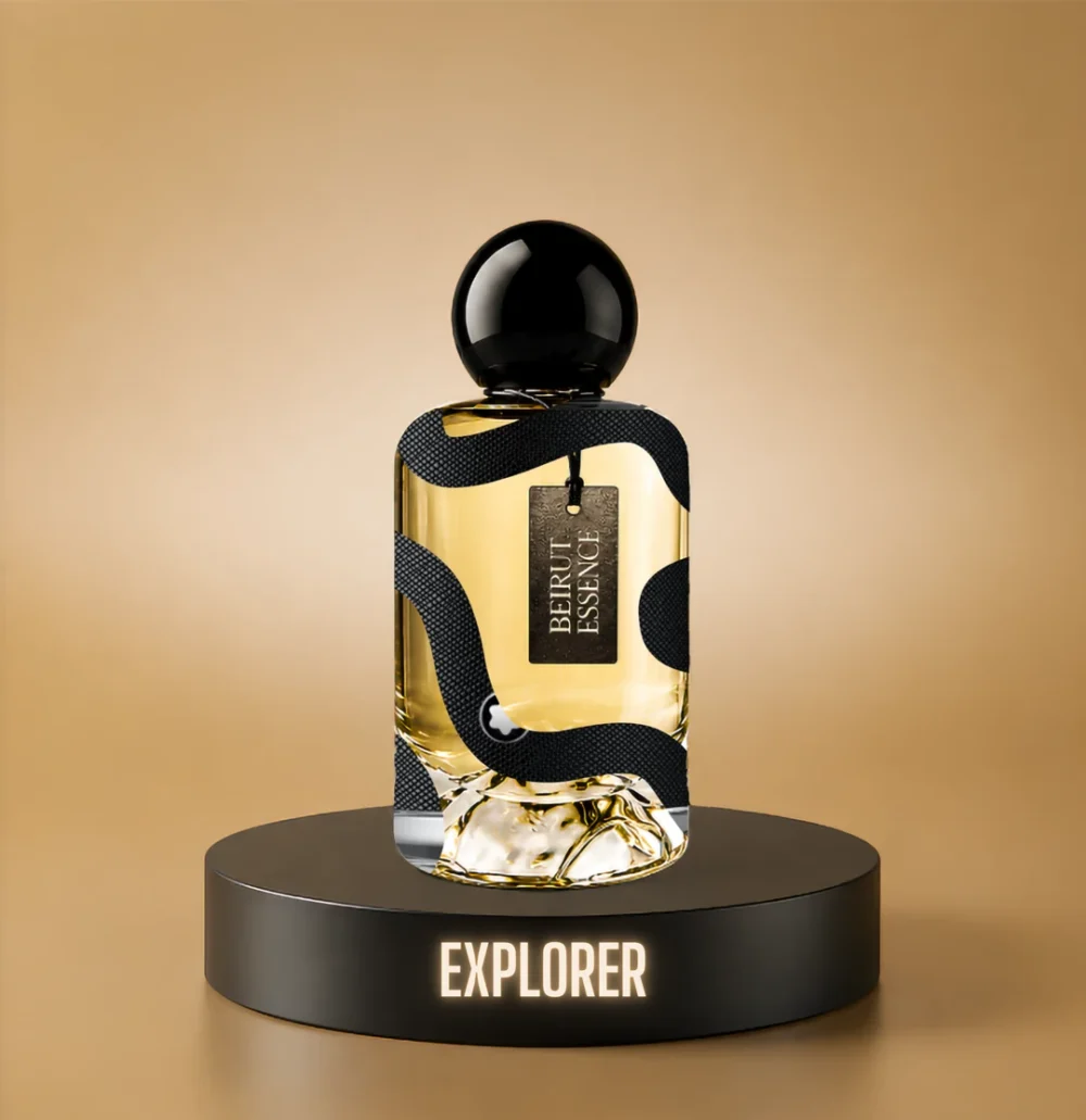 BeirutEssence fragrance inspired by Explorer, photographed on a dark pedestal with a warm gold background