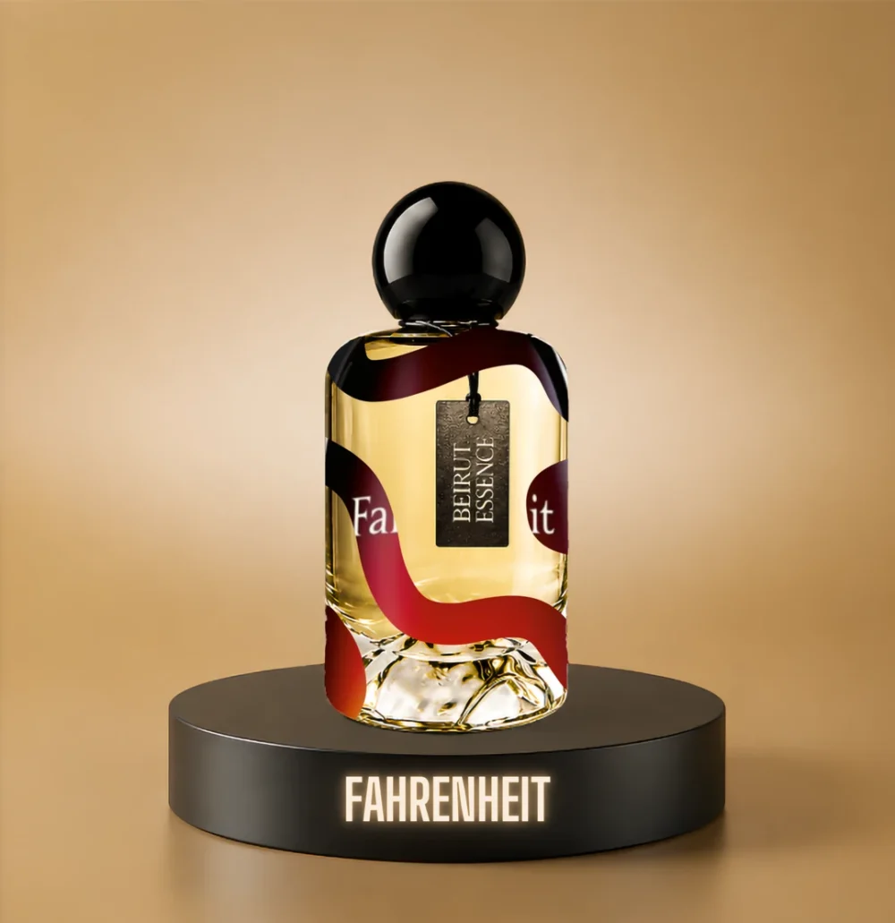 BeirutEssence fragrance inspired by Fahrenheit, photographed on a dark pedestal with a warm gold background
