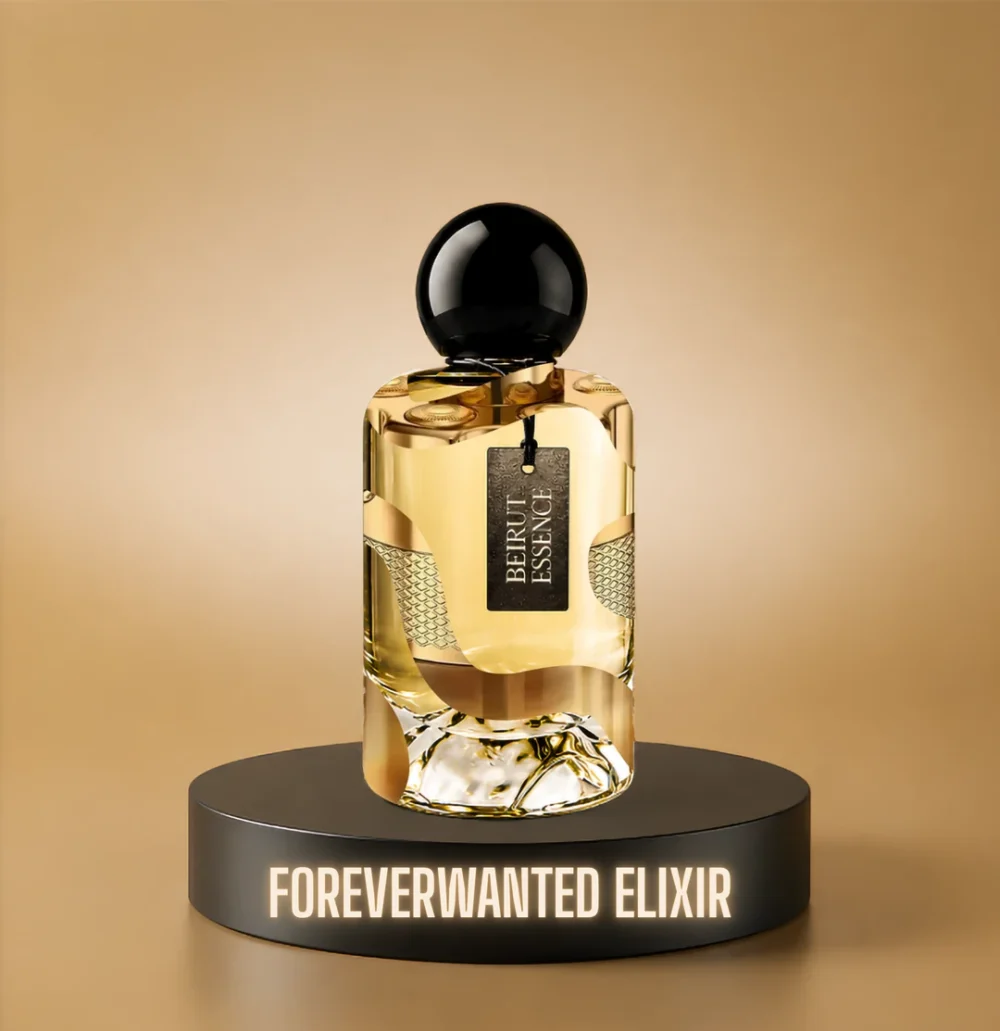 BeirutEssence fragrance inspired by Forever Wanted Elixir, photographed on a dark pedestal with a warm gold background
