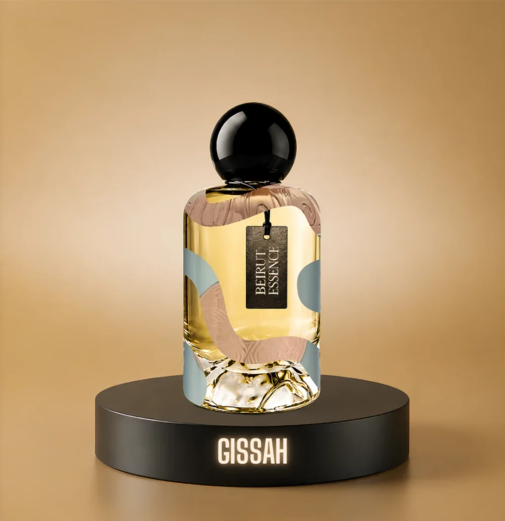 BeirutEssence fragrance inspired by Gissah, photographed on a dark pedestal with a warm gold background