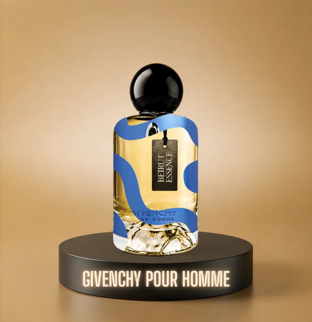 BeirutEssence fragrance inspired by Givenchy Pour Homme, photographed on a dark pedestal with a warm gold background