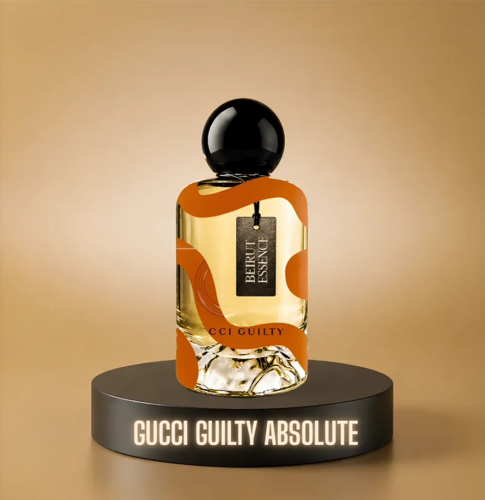 BeirutEssence fragrance inspired by Gucci Guilty Absolute, photographed on a dark pedestal with a warm gold background