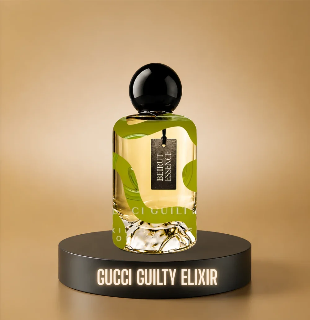 BeirutEssence fragrance inspired by Gucci Guilty Elixir, photographed on a dark pedestal with a warm gold background