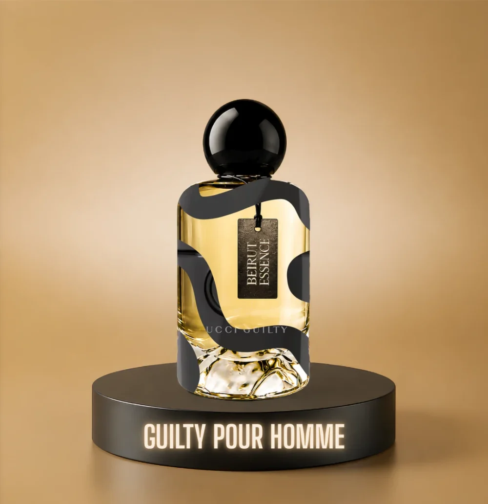 BeirutEssence fragrance inspired by Gucci Guilty Pour Homme, photographed on a dark pedestal with a warm gold background