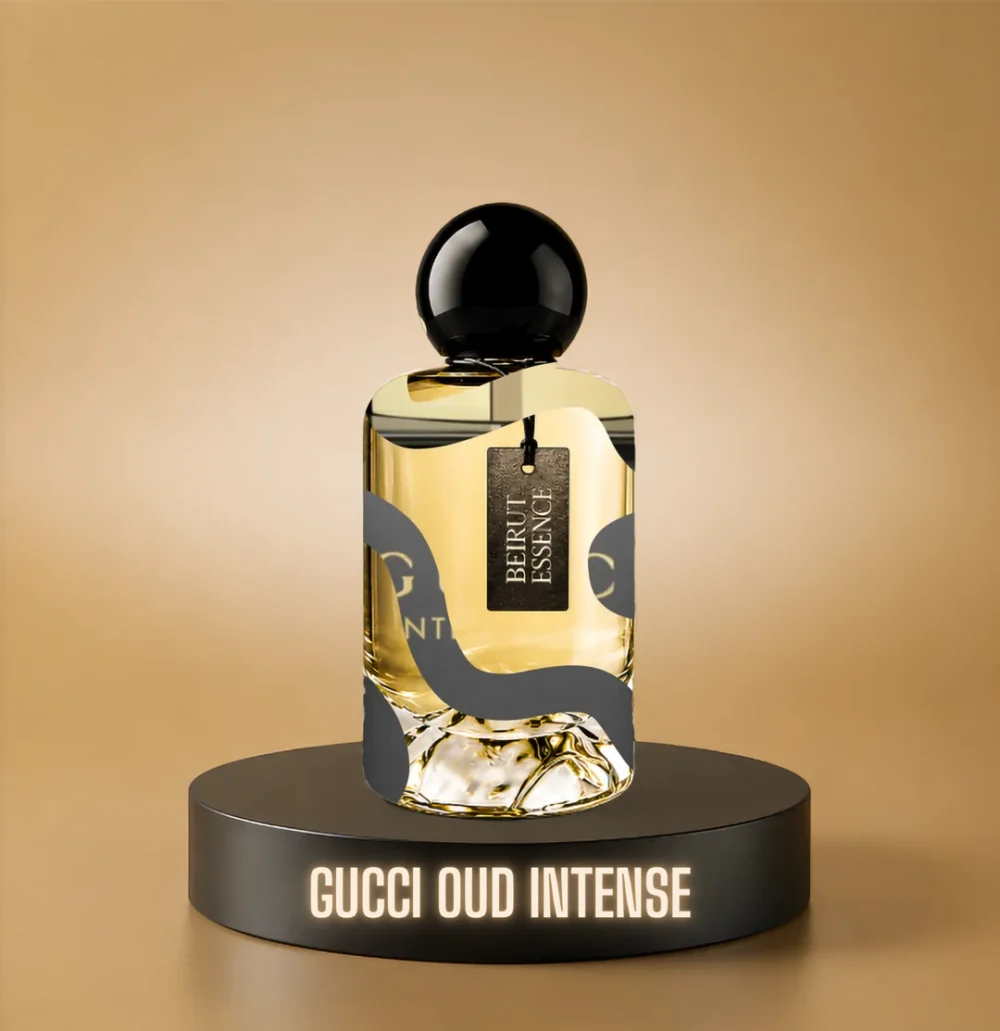 BeirutEssence fragrance inspired by Gucci Intense Oud, photographed on a dark pedestal with a warm gold background